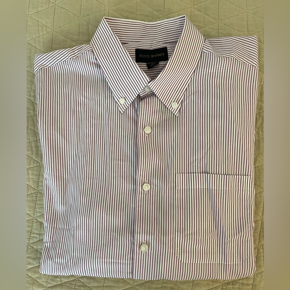 SCOTT BARBER Liquid Cotton Button Down Sport Shirt in Burgundy Stripe SZ L $185